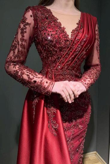 Designer Long Burgundy Sleeved Evening Gown | Lace Ball Gown_2