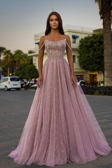 Simple Glitter Spaghetti Strap Floor Length Prom Dress | A-Line Evening Gown