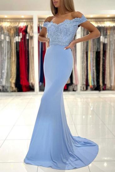 Blue Mermaid Lace Off Shoulder Long Evening Gown | Lace Back to School Dress