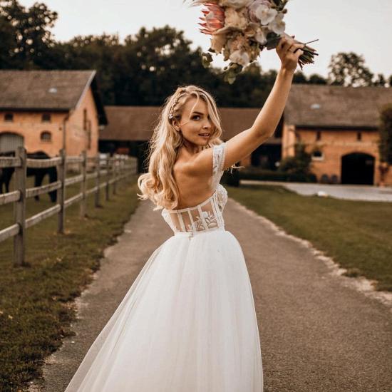 Simple A-line card shoulder lace and tulle wedding dress_8