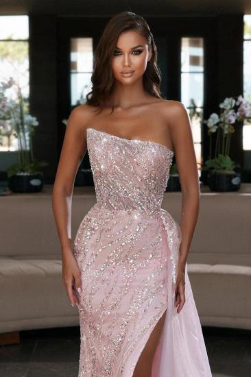 Pink sequin Side Slit Evening gown Strapless tulle ball dress_2