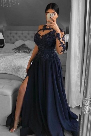 Navy Side Slit Long Sleeve Illusion Ball Gown | Long Lace Ball Gown