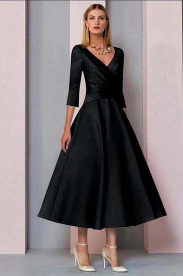 Satin Pleated Tea-Length V-Neck 3/4 Sleeves MotherDress_3