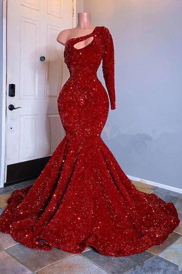 Shiny One Shoulder Long Sleeve Mermaid Ball Gown