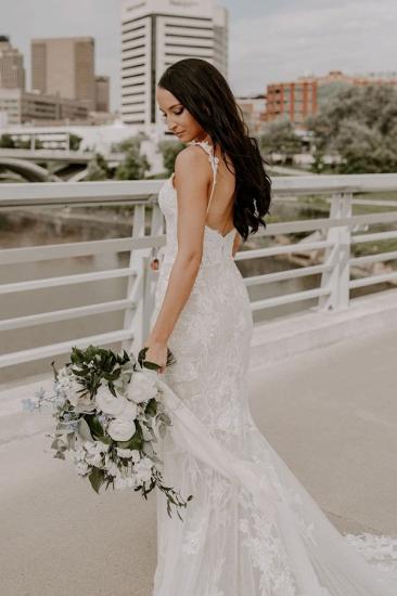 V-neck Open Back Mermaid Lace Long Wedding Dress With Big Train_3