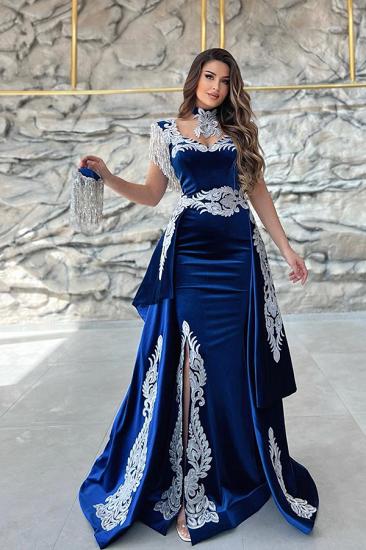 Velvet Royal Blue Long Sleeveless Turtleneck Evening Gown | Velvet Lace Prom Dress Cheap