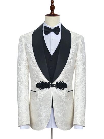 Trendy Men's Black Shawl Lapel Knit Button Three-Piece Set | White Jacquard Wedding Tuxedo