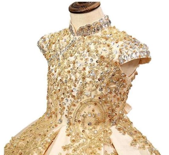 Luxury Gold Ball Train Little Girl Beauty Pageant Dress_2