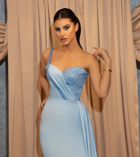 Beautiful One Shoulder Sweetheart Neck Long Blue Mermaid Side Slit Prom Dress_2