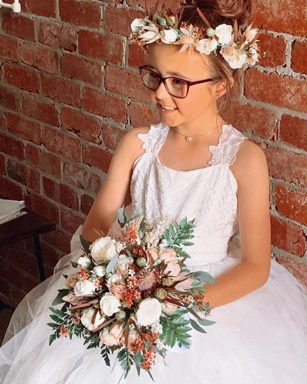 White Cross Bind Lace Layered Tulle Girl Long Sleeveless Gown | Floor Children's Wedding Dress_2