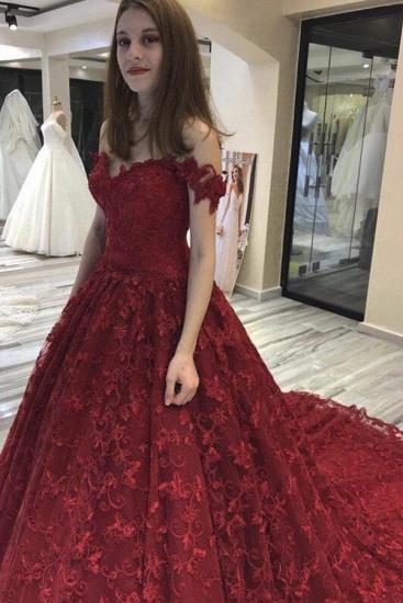 Red Off-shoulder A-line Lace Wedding Dress With Flowers