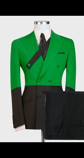 Men's Fashion Double Breasted Peak Collar Suit | Green and Black Colorblock Men's Prom Suit