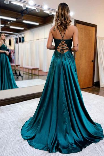 Royal Blue Spaghetti Strap A Line V Neck Side Slit Prom Dress Evening Gown_4
