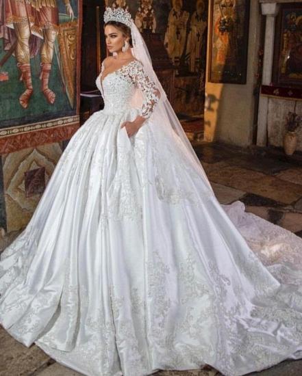 A-line White Satin Lace Wedding Dress With Sleeves_3