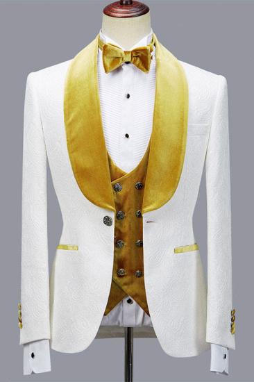 Velvet Lapel One Button Groom Suit | White Jacquard Three-Piece Men's Wedding Suit