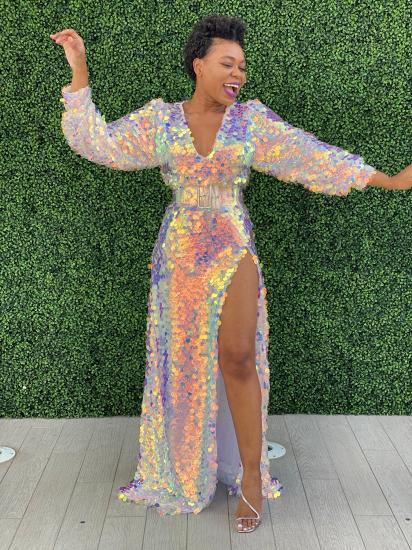 Sexy Sparkling Sequins Side Split Ball Gown | Long Sleeve Evening Dress_5
