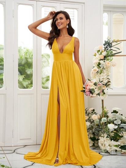 Cheap Gold Long V-Neck A-line Bridesmaid Dresses_20