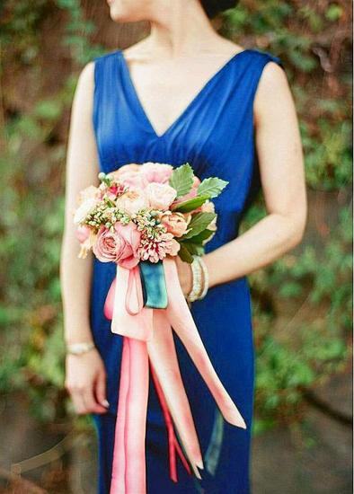 Cheap Spandex V-neck Blue Floor Length Sheath Bridesmaid Dress_3