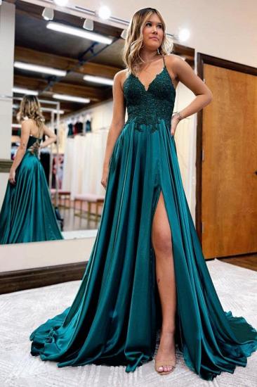 Royal Blue Spaghetti Strap A Line V Neck Side Slit Prom Dress Evening Gown_3