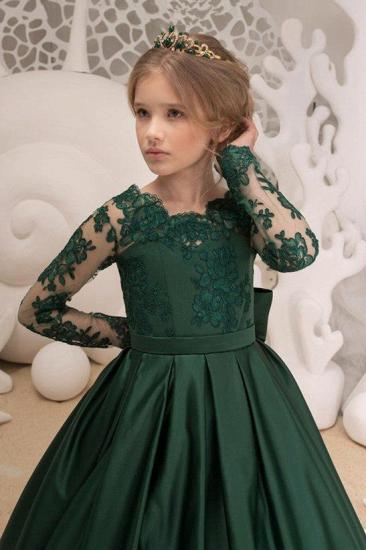 Dark Green Satin Gem Lace Backless Girl Dress With Bow_3