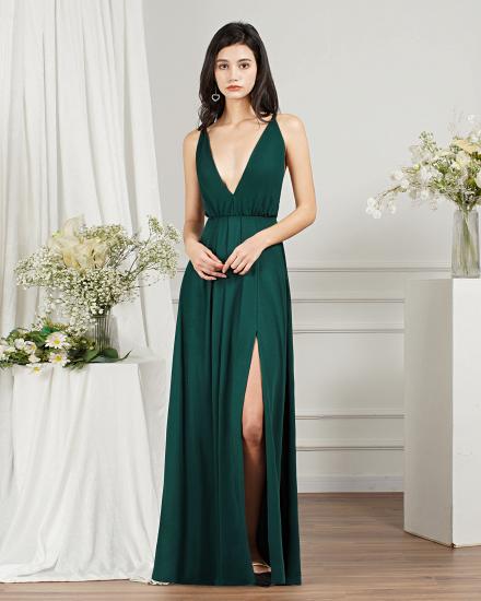 Chiffon Dark Green V-Neck Side Slit Floor Length Prom Dress | Cheap Evening Dresses_4