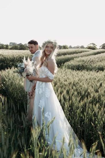 Off the Shoulder Inexpensive A-Line Lace Wedding Dresses | Boho Wedding Dresses_6