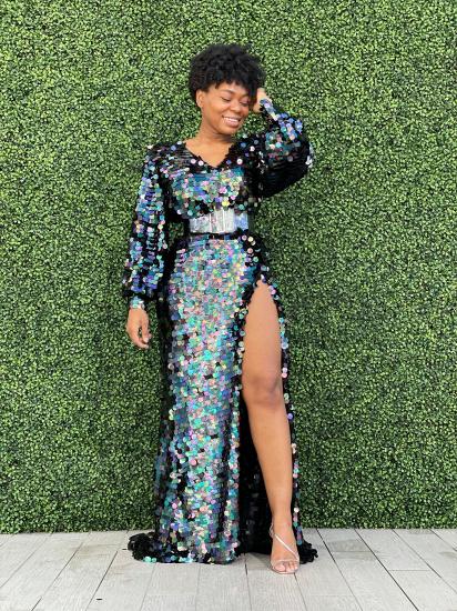 Sexy sequins high split long-sleeved party gown | sparkle ball gown_7
