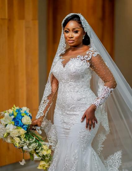 Gorgeous Long Sleeve Pearl Lace Applique Mermaid Wedding Dress_2
