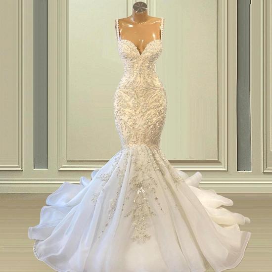 Elegant Mermaid Lace Spaghetti Strap Glitter Wedding Dress | Heart Shape Neckline Lace Wedding Dress_2