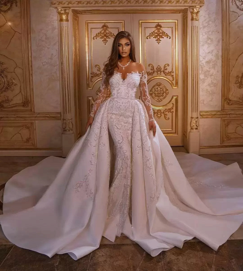 Luxury Crystal Long Sleeve Mermaid Wedding Dress Train
