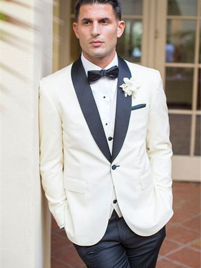 Designer White and Black Contrasting Groomsmen Dresses | Silk Collar Custom Three-Piece Wedding Tuxedo
