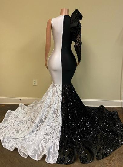 Chic two-tone V-neck one-shoulder long-sleeved mermaid ball gown_2