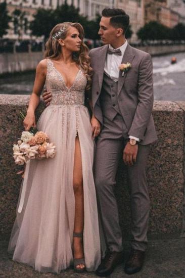 Bohemian Side Slit Long V Neck Tulle Wedding Dress | High Waist Lace Wedding Dress