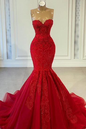 Luxurious Red Heart Neck Sleeveless Lace Mermaid Long Ball Dress｜Mermaid Lace Evening Gown