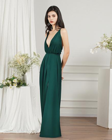 Chiffon Dark Green V-Neck Side Slit Floor Length Prom Dress | Cheap Evening Dresses_9