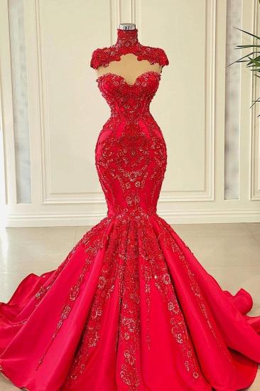 Elegant Long Red Turtleneck Lace Mermaid Evening Gown | Cap Sleeve Lace Ball Gown