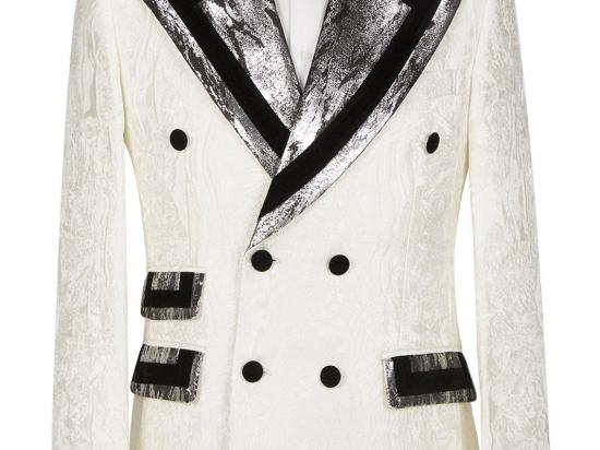 Unique White Jacquard Silver Gray Lapels Black Trim Men's Wedding Suit | Black and White Contrasting Point Collar Tuxedo