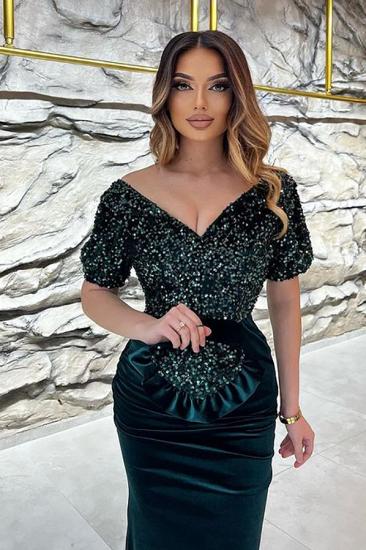 Sky Blue Long Sequined Short Sleeve Velvet Ball Gown | Glittery Evening Gown_5