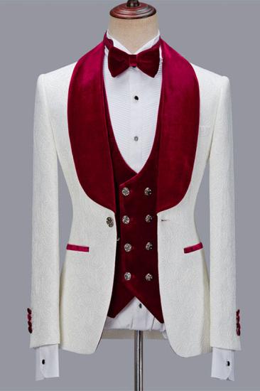 Velvet Lapel One Button Groom Suit | White Jacquard Three-Piece Men's Wedding Suit