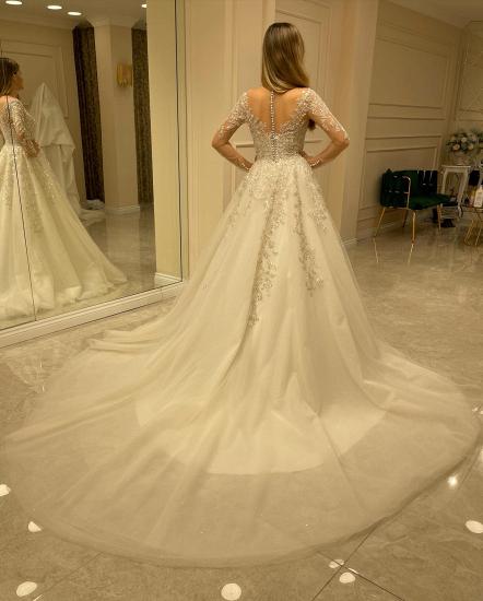 Designer lace V-neck long-sleeved wedding dress | A-line long-sleeved wedding dress with tail_2