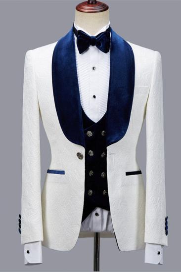 Velvet Lapel One Button Groom Suit | White Jacquard Three-Piece Men's Wedding Suit