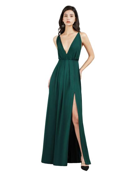 Chiffon Dark Green V-Neck Side Slit Floor Length Prom Dress | Cheap Evening Dresses_3