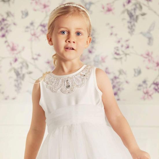White Simple Beaded Tulle Flower Girl Dress Beauty | Little Girl Dress_3