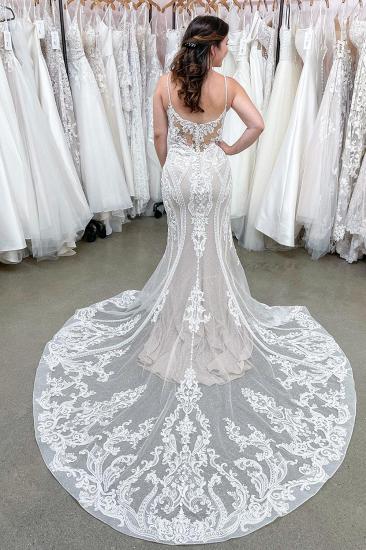 Long Square Neck Mermaid Spaghetti Strap Backless Appliquéd Lace Floor-length Wedding Dress_2
