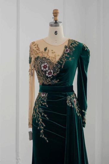 Dark Green Long Sleeve Jewel Appliqu茅d Mermaid Evening Gown Prom Dress_2