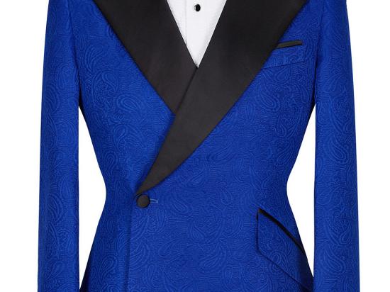 New Arrival Royal Blue Jacquard Men's Wedding Suit | Black Lapel Collar Contrast Suit