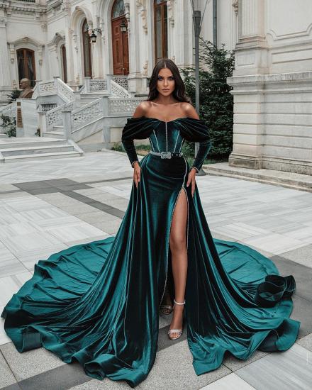 Dark Green Fashion Slit Off Shoulder Long Sleeve Prom Dress | Mermaid Prom Dress_4