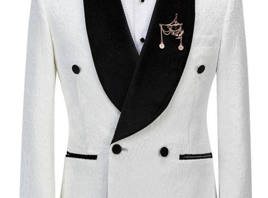 Chic Jacquard Double Breasted White Men's Wedding Suit | Shawl Lapel Collar Contrasting Men's Suit