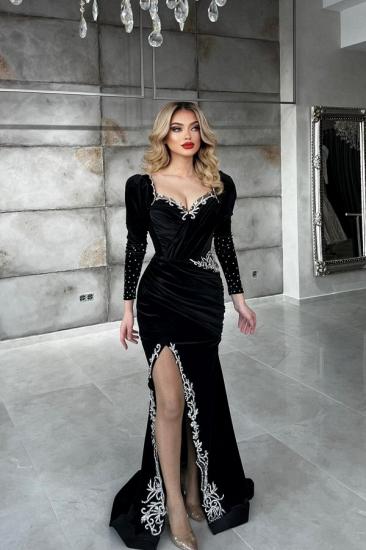 Black Long Sleeve Velvet Mermaid Ball Gown | Side Slit Evening Gown
