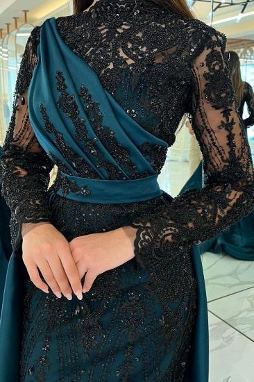Black Lace Long Sleeve Pleated Evening Gown | Long Sleeve Ball Gown_2